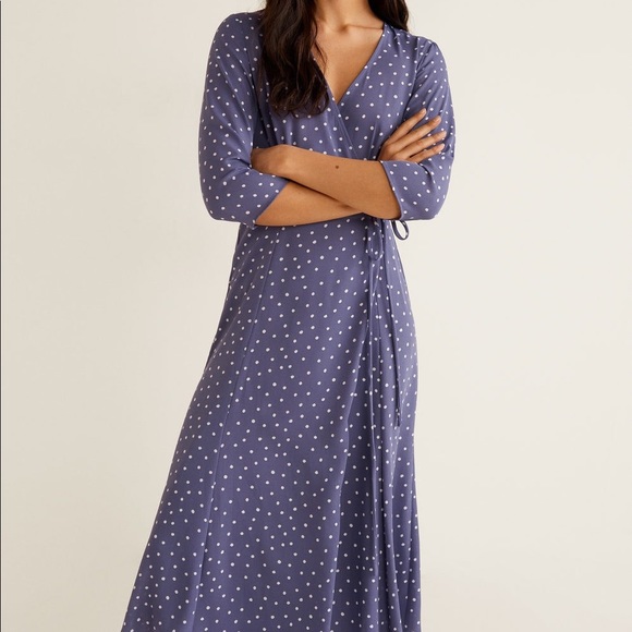 Mango Blue Wrap Tea Length Polka Dot Dress NWT - Picture 2 of 4